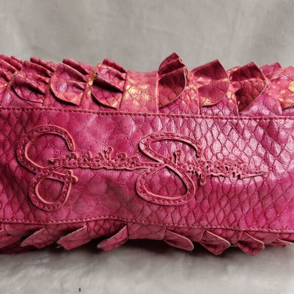 Jessica Simpson Hot Pink Vegan Leather Croc Embossed Ruffled Doctor Bag Purse - Picture 6 of 12